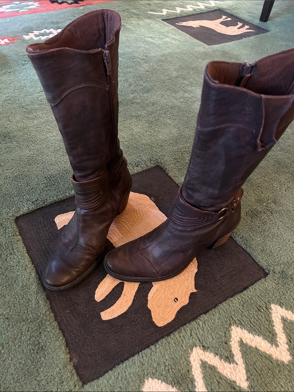 Womenβs Brown Leather Mid-Calf Heeled Riding Boots
